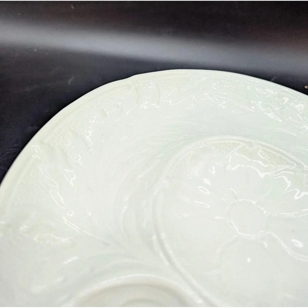 Set Of 4 P.V. France White Majolica Artichoke Plates Embossed Floral Design 9
